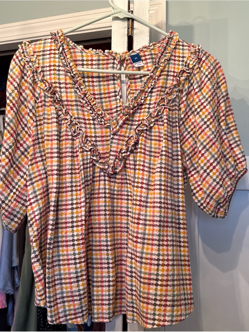Old Navy Multicolor Plaid Ruffled Keyhole Top